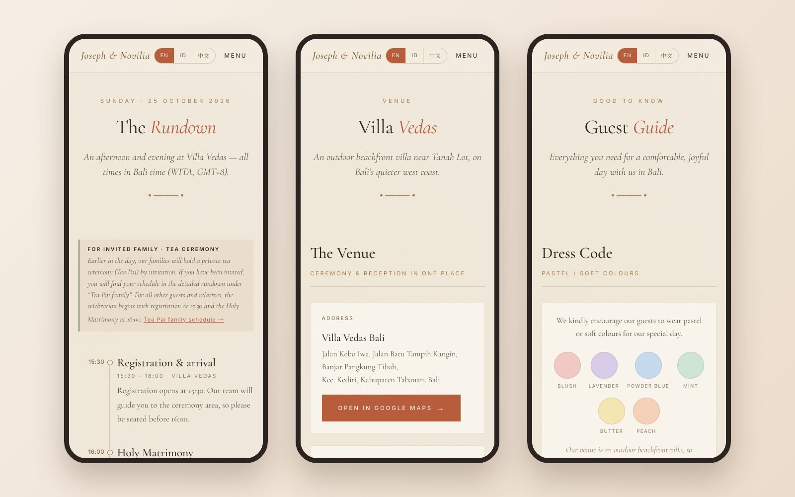 Rundown, venue and guest guide pages of the wedding guidebook on mobile