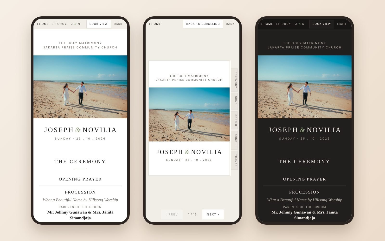 Digital wedding liturgy in scroll view, page-turning book view and dark mode