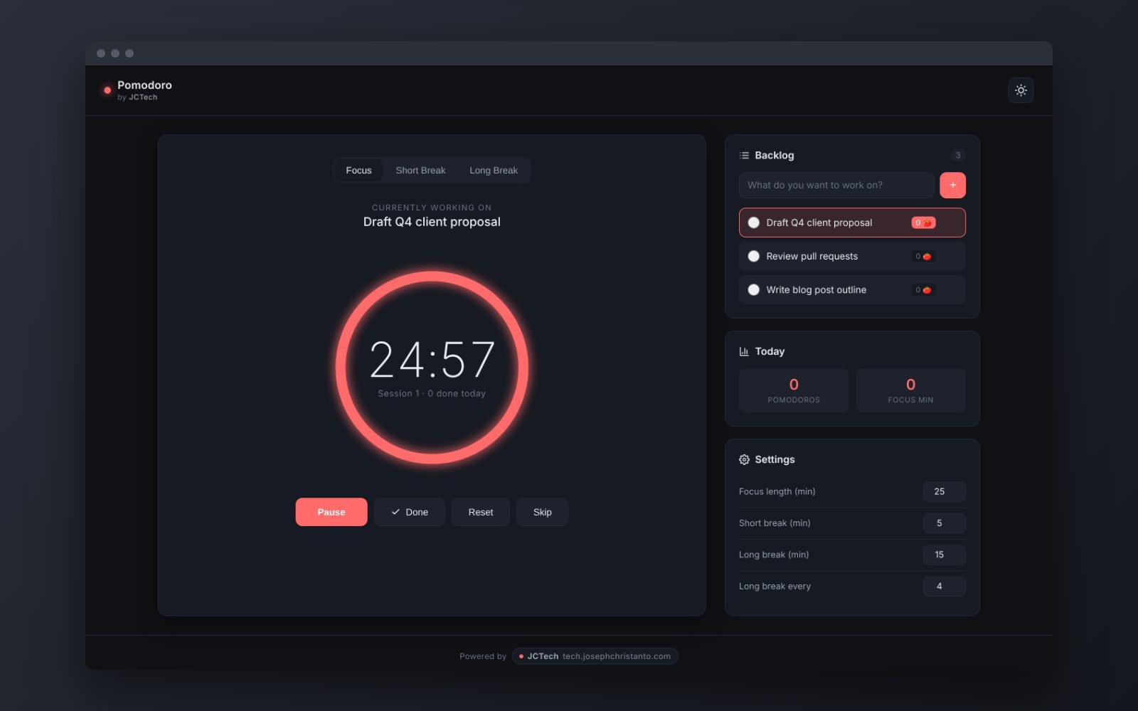 Pomodoro timer running a focus session in dark mode with the task backlog, daily stats and settings