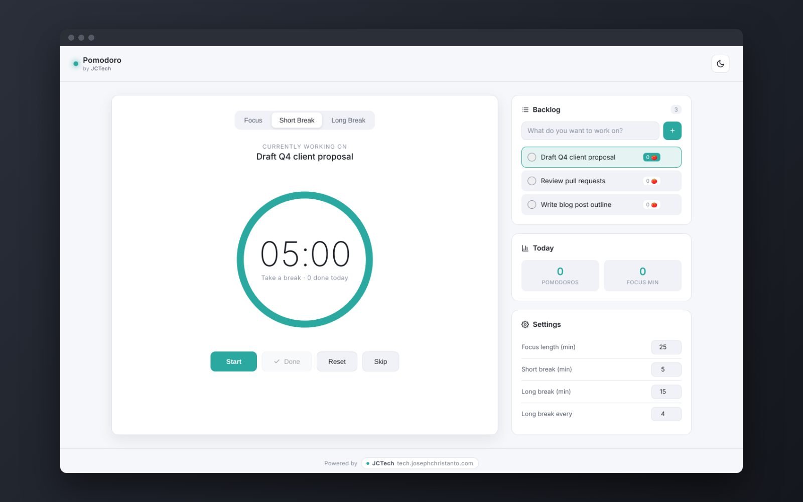Pomodoro timer on a short break in light mode