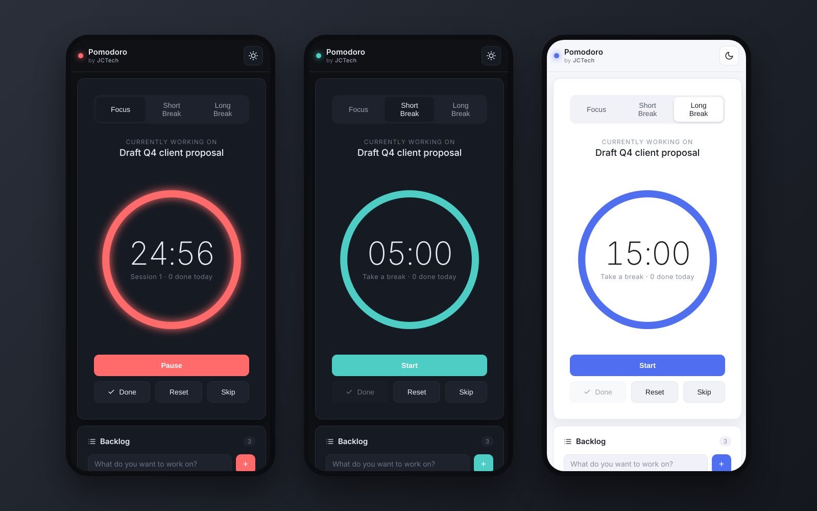 Pomodoro timer on mobile in focus, short break and long break modes